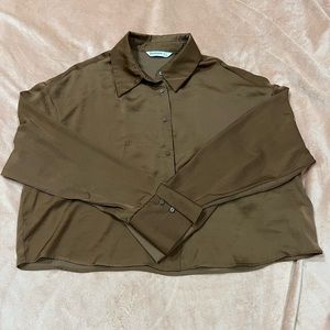 Stradivarius chocolate brown cropped silk button down size L